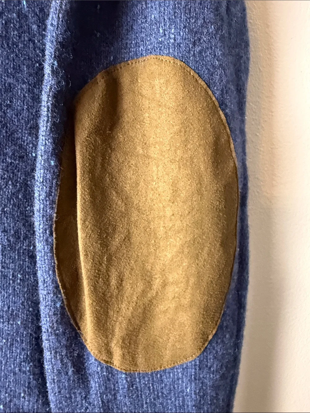 Vintage J. Crew Navy Crewneck Sweater with Tan Elbow Patches.  80% lambswool